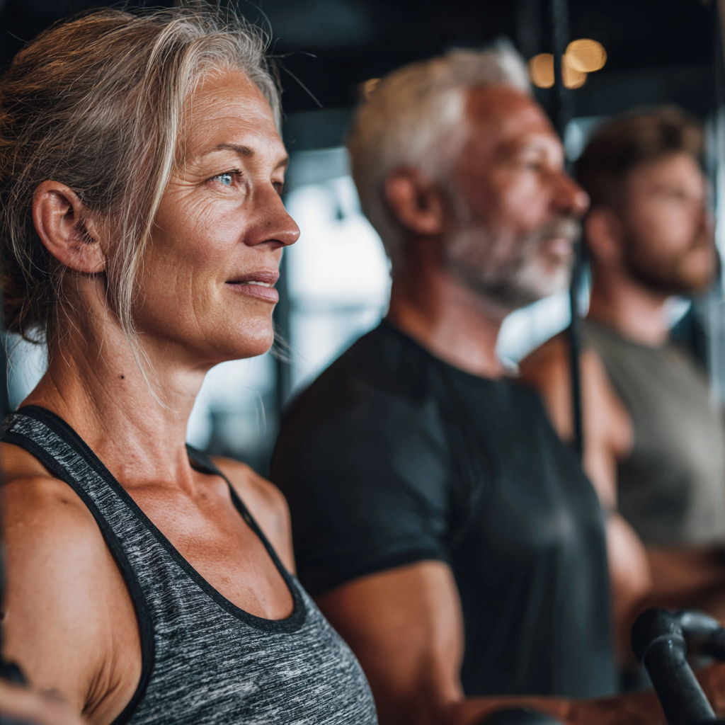 middle-aged fitness enthusiasts working with professional trainers